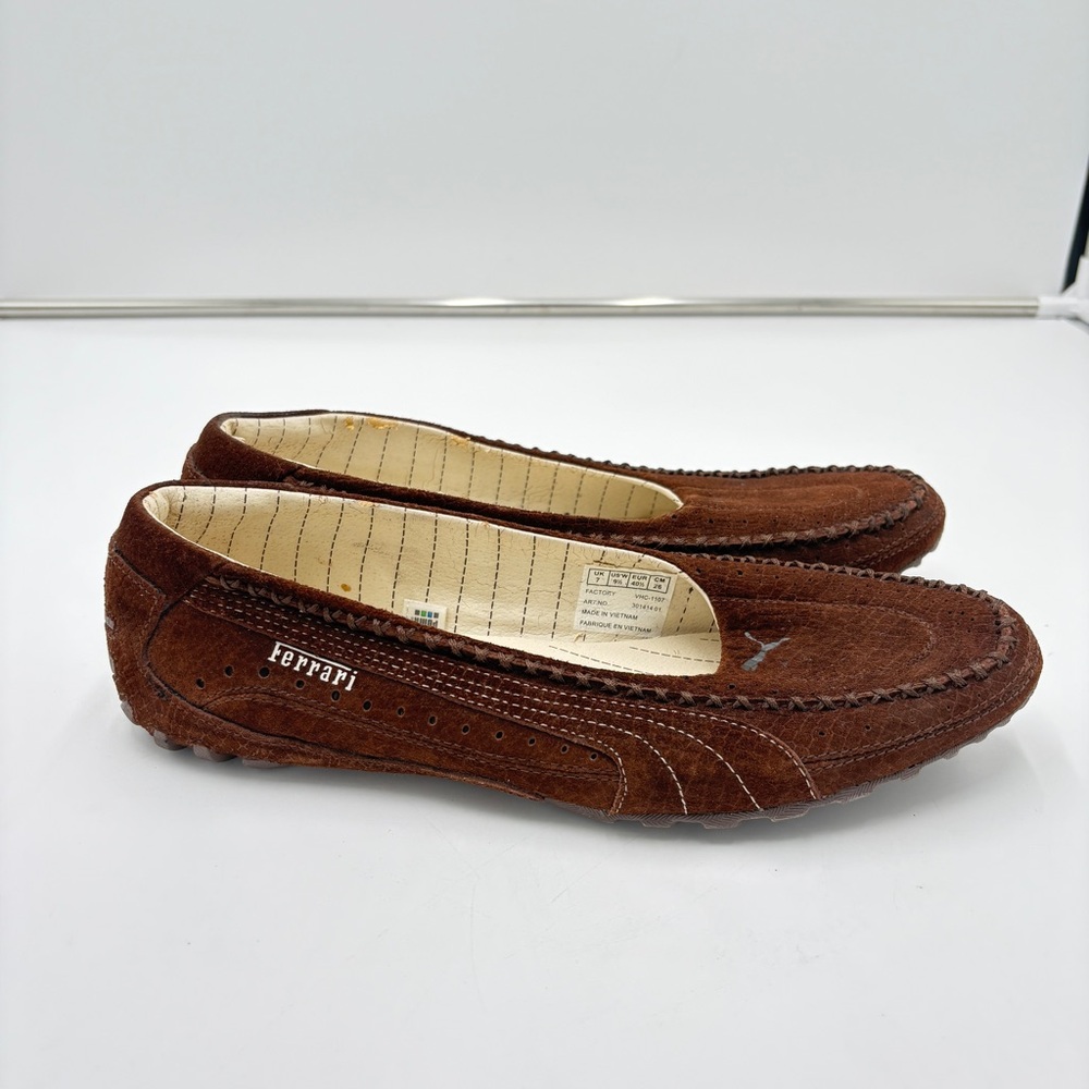 Vintage Y2K Puma Ferrari Flats Slip Ons Streetwear Balletcore Brown Suede Sz 9.5
